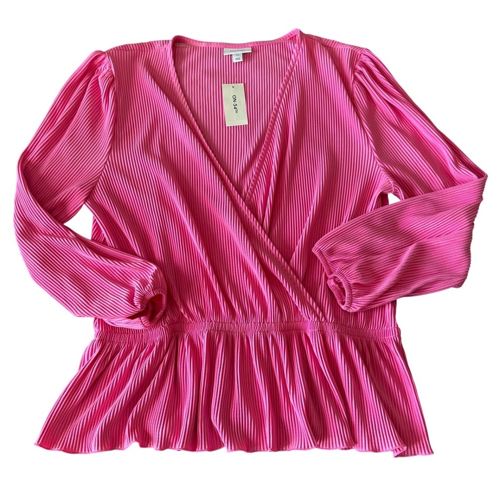 On 34th Womens XXL Azalea Pink Plisse Wrap Peplum Top Balloon Sleeve NWT